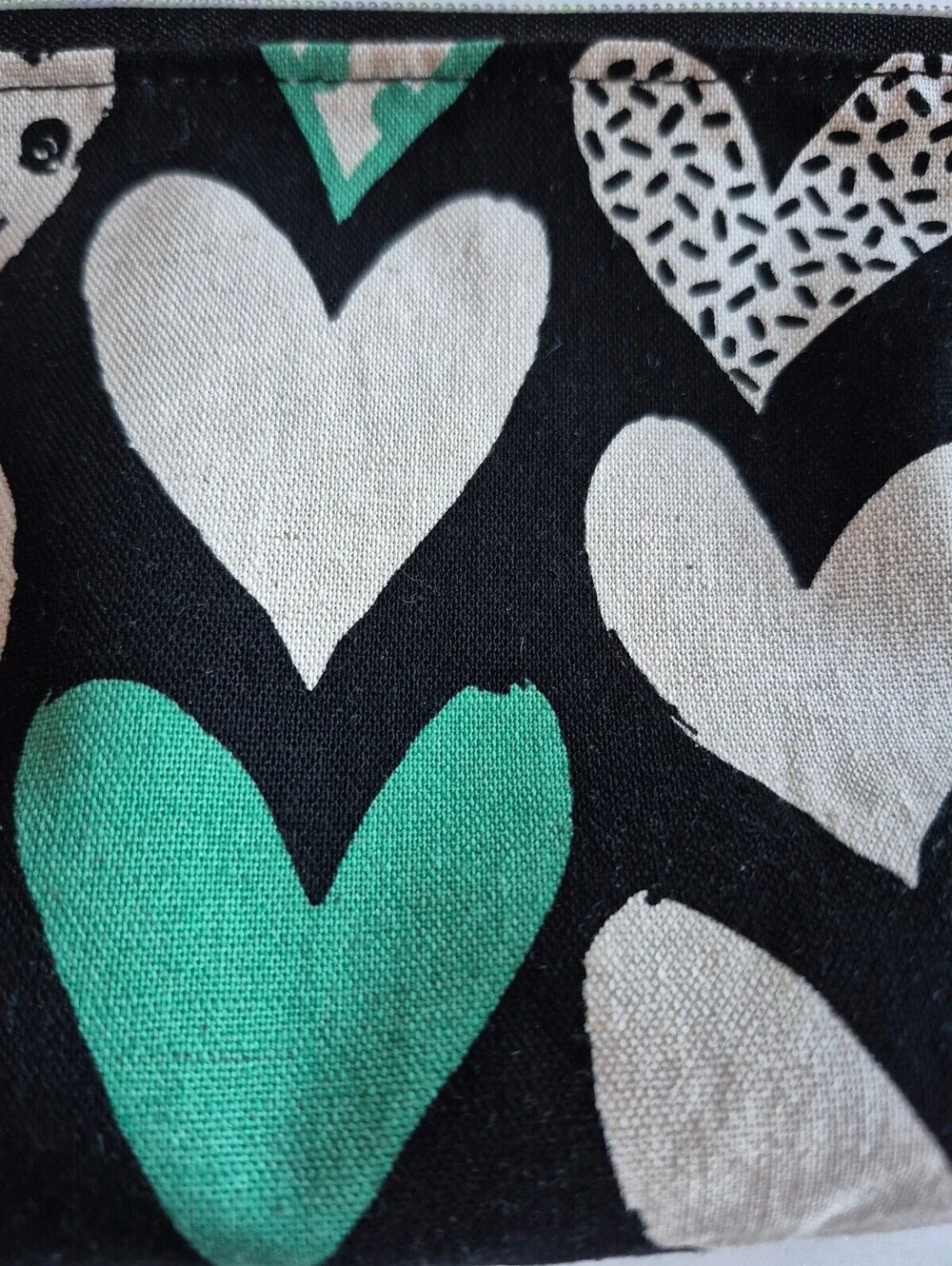 Black & teal heart Canvas Cosmetic Bag w/ black nickel Heart-Shaped Zipper Pull